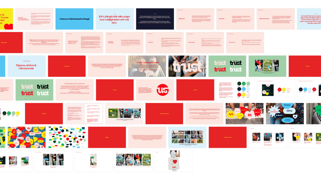 En bild med mängder av små presentationsbilder från en presentation om ungdomsjouren Trust