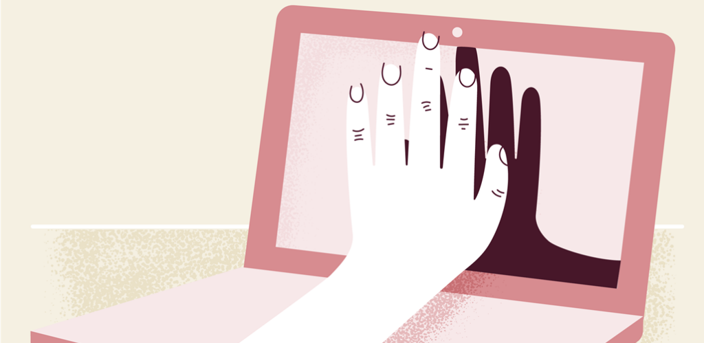Bild på en illustration som föreställer en laptop och en hand som vinkar framför laptopen.