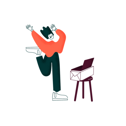 Illustration av person som glatt viftar med armarna och tittar mot sin laptop som står ovanpå ett paket uppslagen
