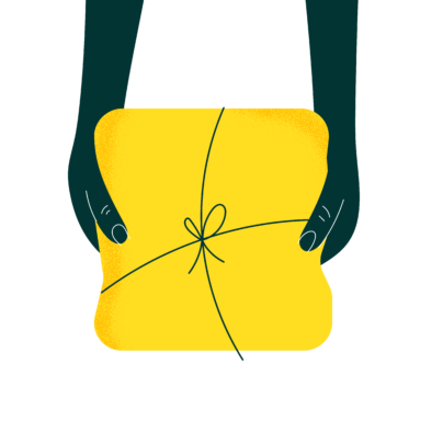 Illustration av ett inslaget gult paket som överlämnas