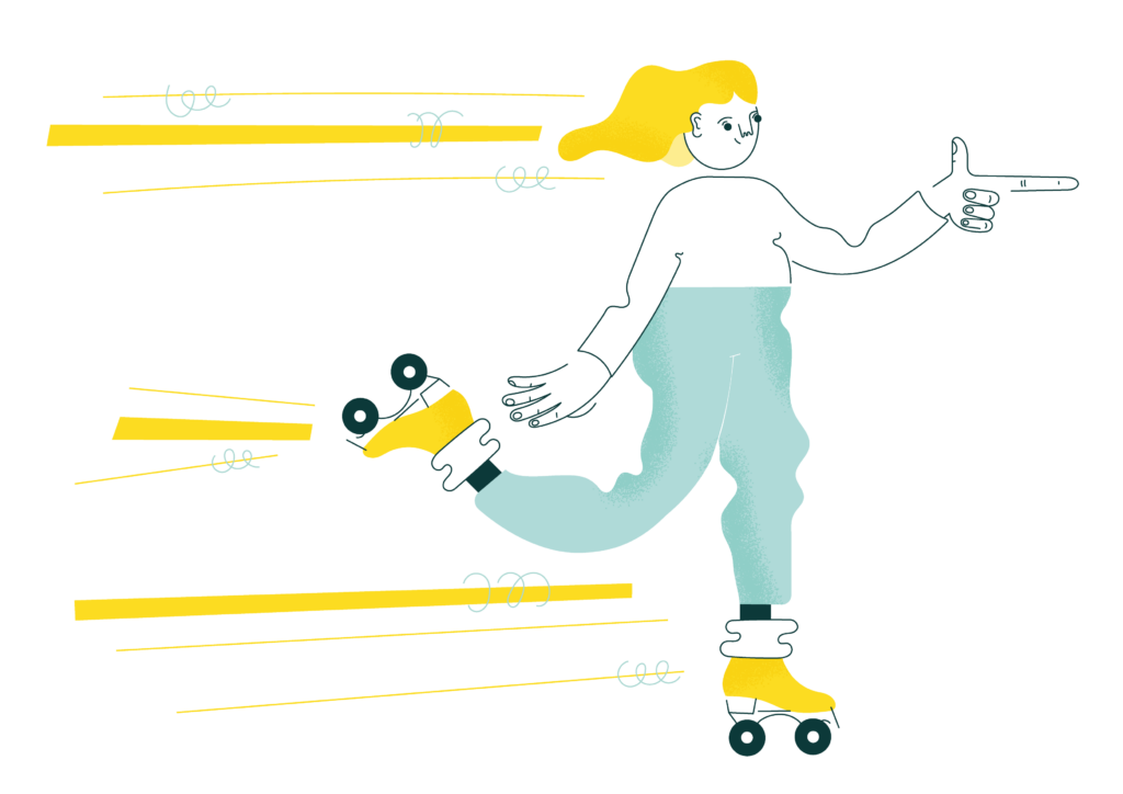 Illustration av en karaktär som åker rullskridskor och pekar framåt.