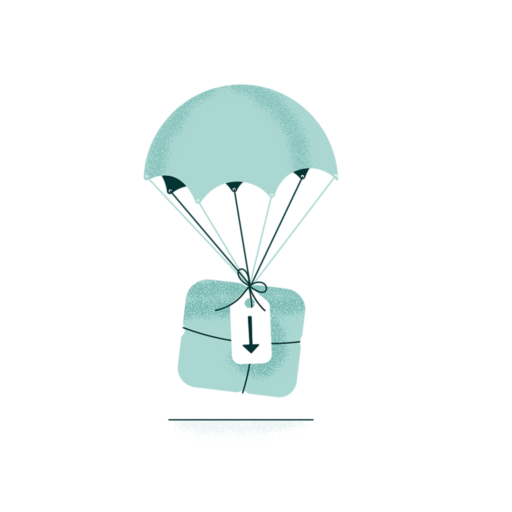 Illustration: Ett paket flyger luftballong
