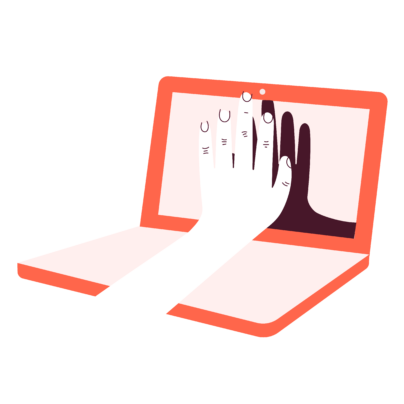 Illustration om hand som sträcker sig fram mot en laptopskärm och gör high five med skärmen