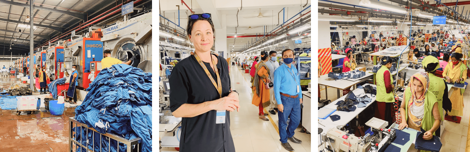 Tre bilder som visar Maria Klint i en fabrik i Bangladesh