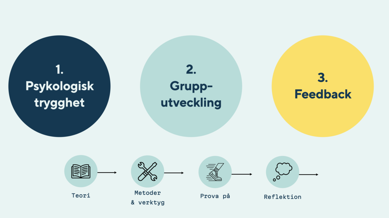 Tre bollar. I den första står det Psykologisk trygghet, i den andra grupputveckling och i den tredje Feedback