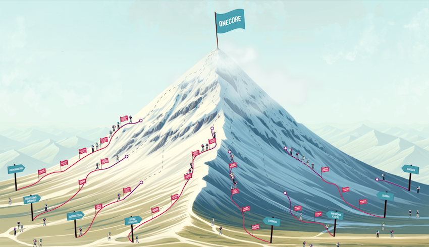 En illustration av ett berg med en målflagga längst upp.