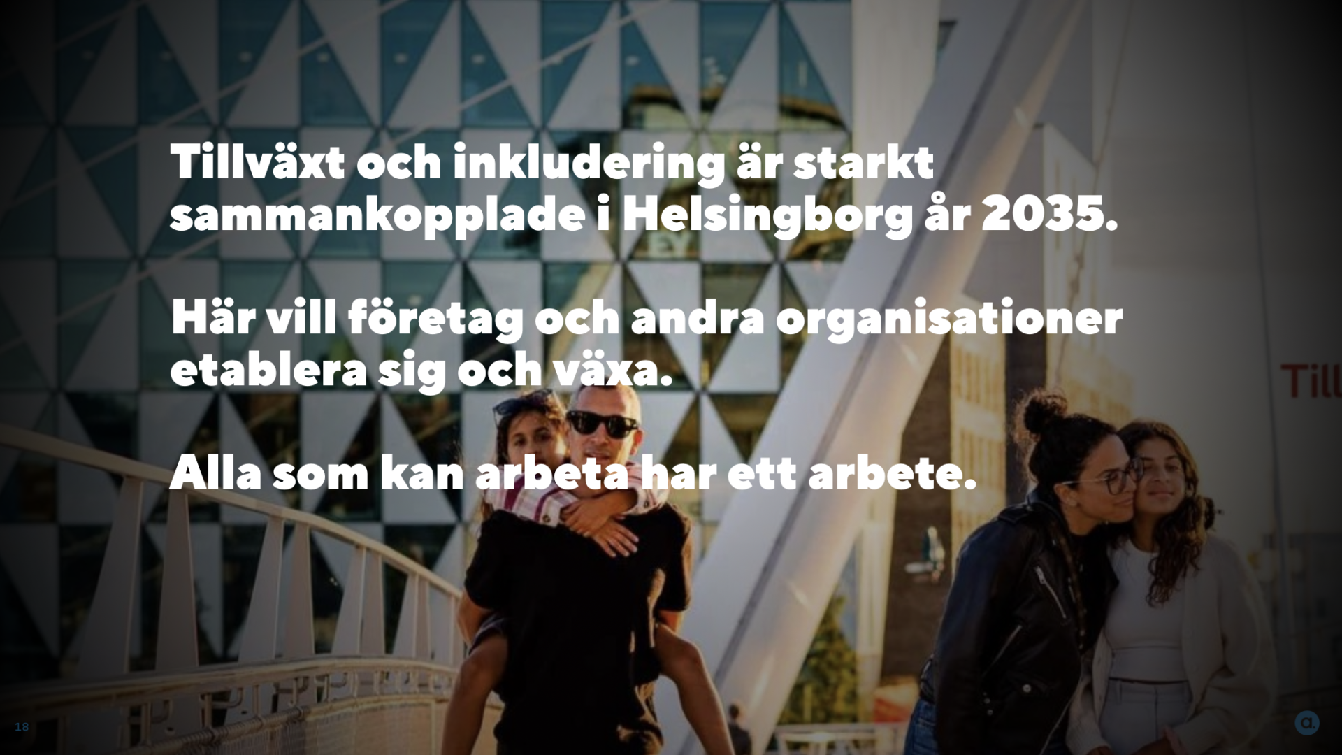 En bild med texten "Tillväxt och inkludering är starkt sammankopplade i Helsingborg år 2035. Här vill företag och andra organisationer etablera sig och växa. Alla som kan arbeta har ett arbete."