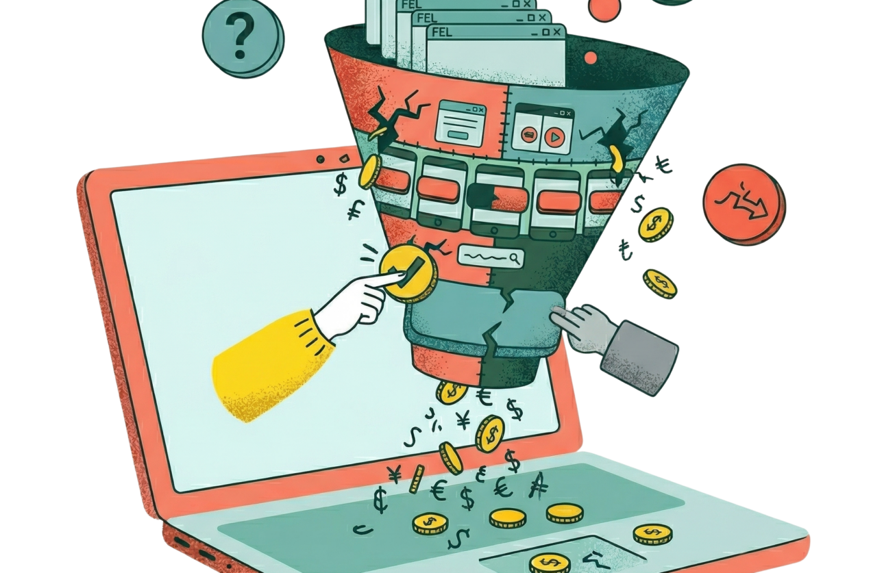 En illustration av en tratt framför en laptop. Högst upp i tratten är ett antal kort som det står "Fel" på. Ur tratten trillar pengar.