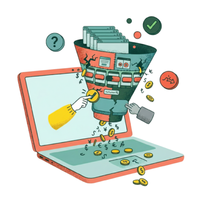 En illustration av en tratt framför en laptop. Högst upp i tratten är ett antal kort som det står "Fel" på. Ur tratten trillar pengar.