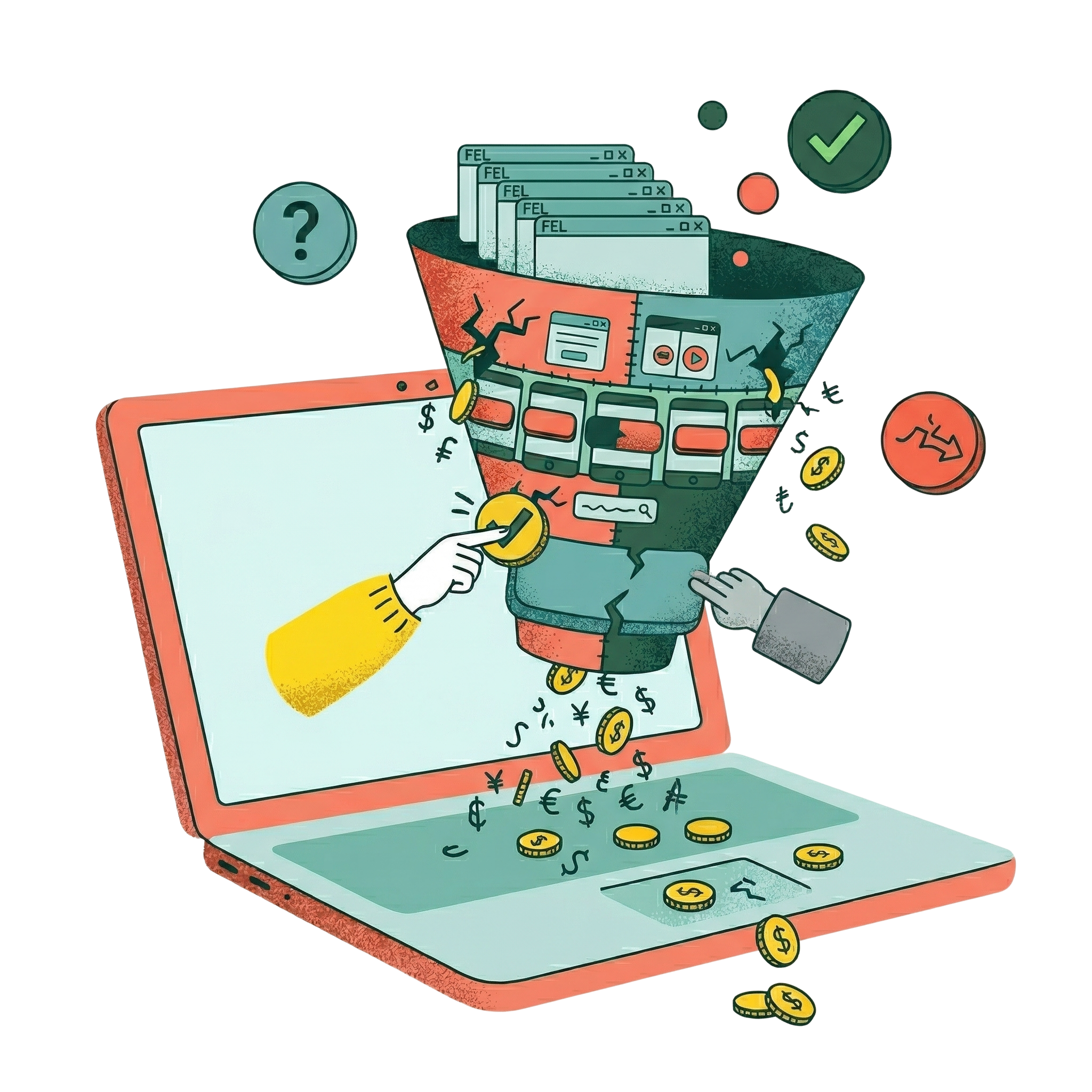 En illustration av en tratt framför en laptop. Högst upp i tratten är ett antal kort som det står "Fel" på. Ur tratten trillar pengar.
