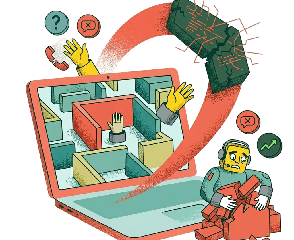 En illustration av en laptop. På skärmen visas en labyrint med händer som gått vilse.