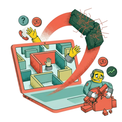 En illustration av en laptop. På skärmen visas en labyrint med händer som gått vilse.