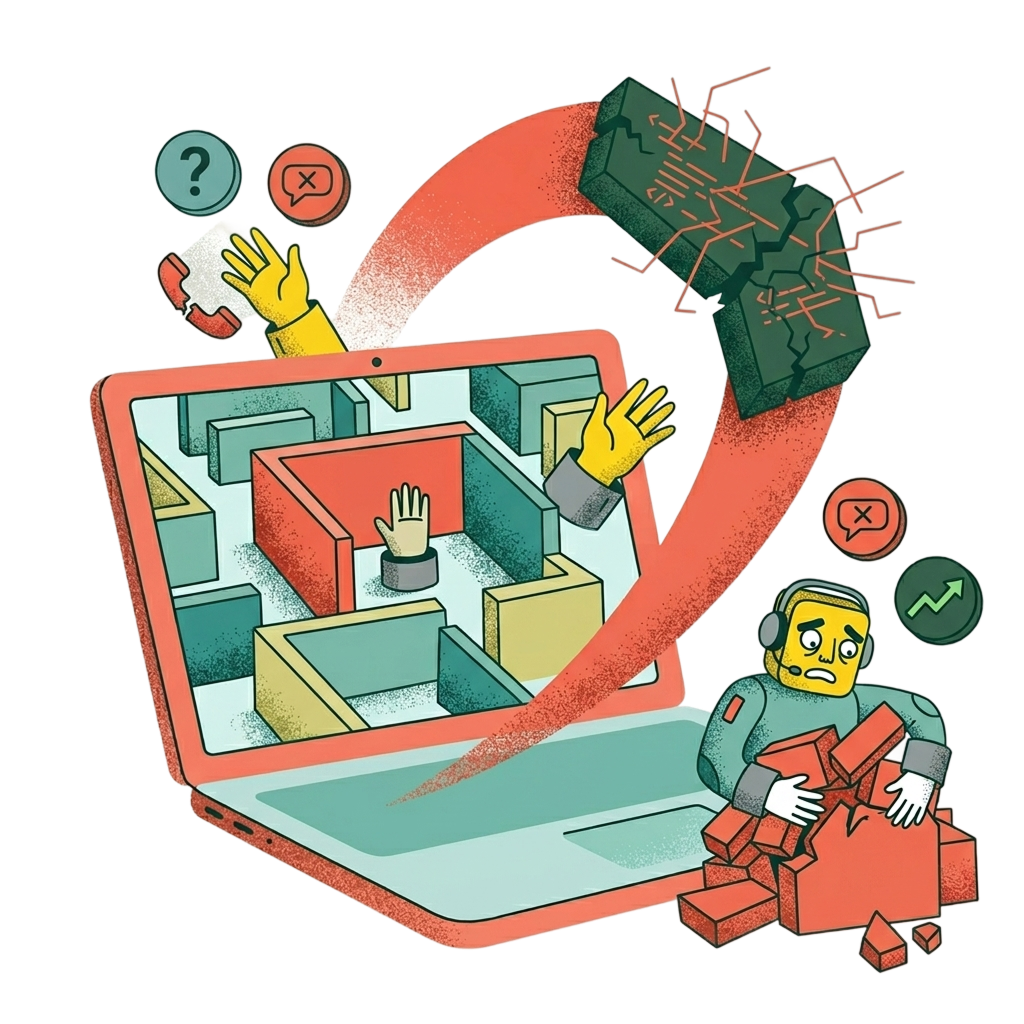 En illustration av en laptop. På skärmen visas en labyrint med händer som gått vilse.