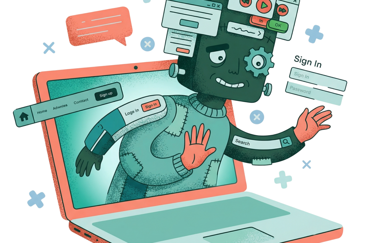 En illustration av en robotversion av Frankensteins monster som kommer ut ut en datorskärm.