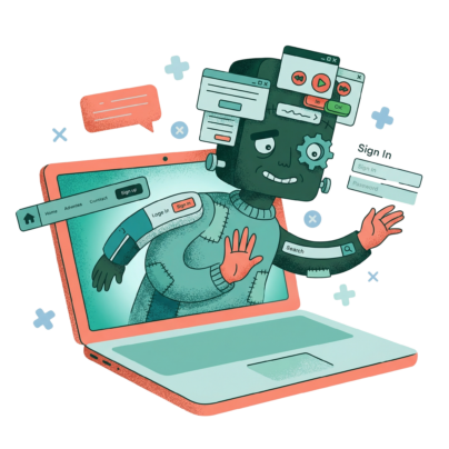 En illustration av en robotversion av Frankensteins monster som kommer ut ut en datorskärm.