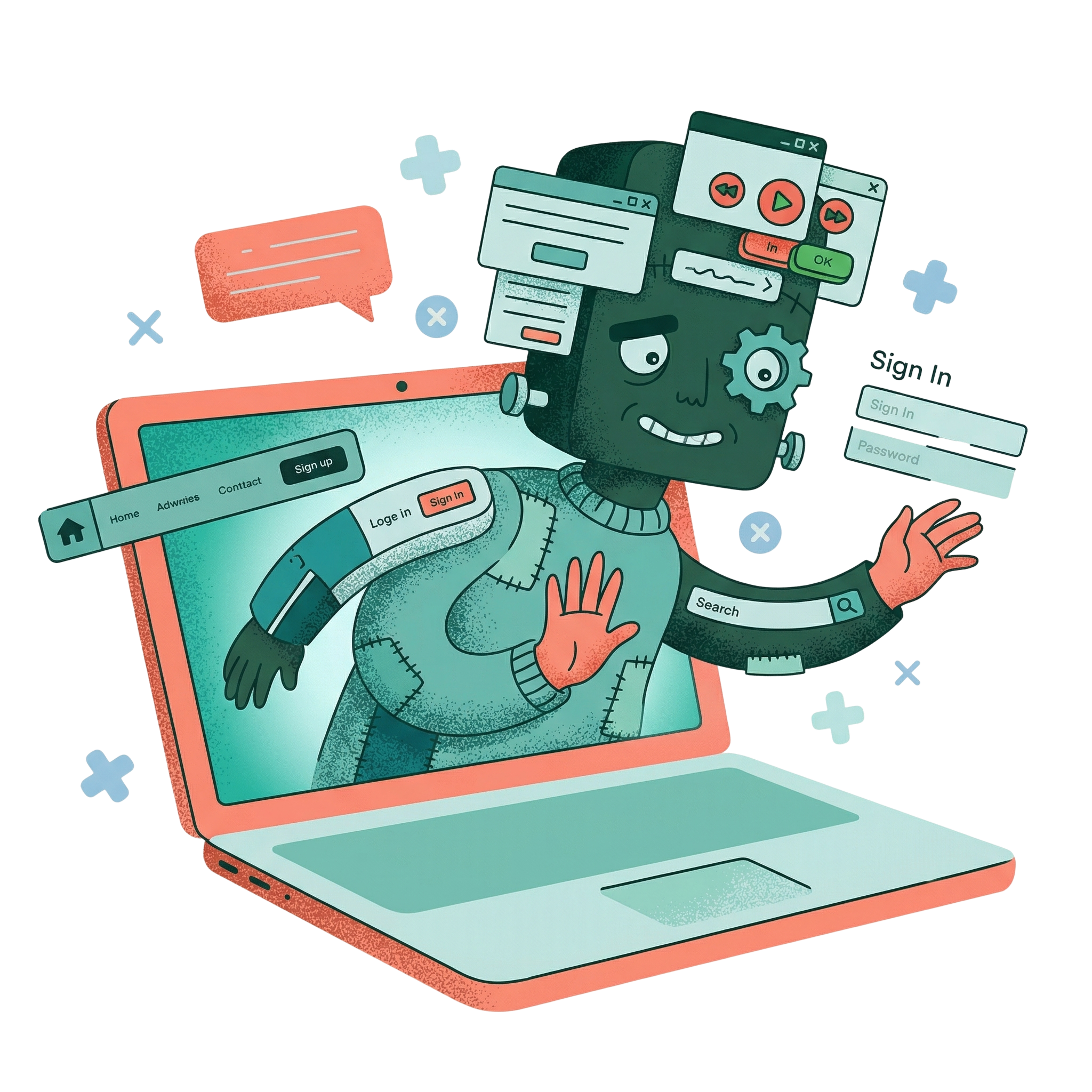 En Illustration av en robotversion av Frankensteinsmonster som kommer ut ur en datorskärm.